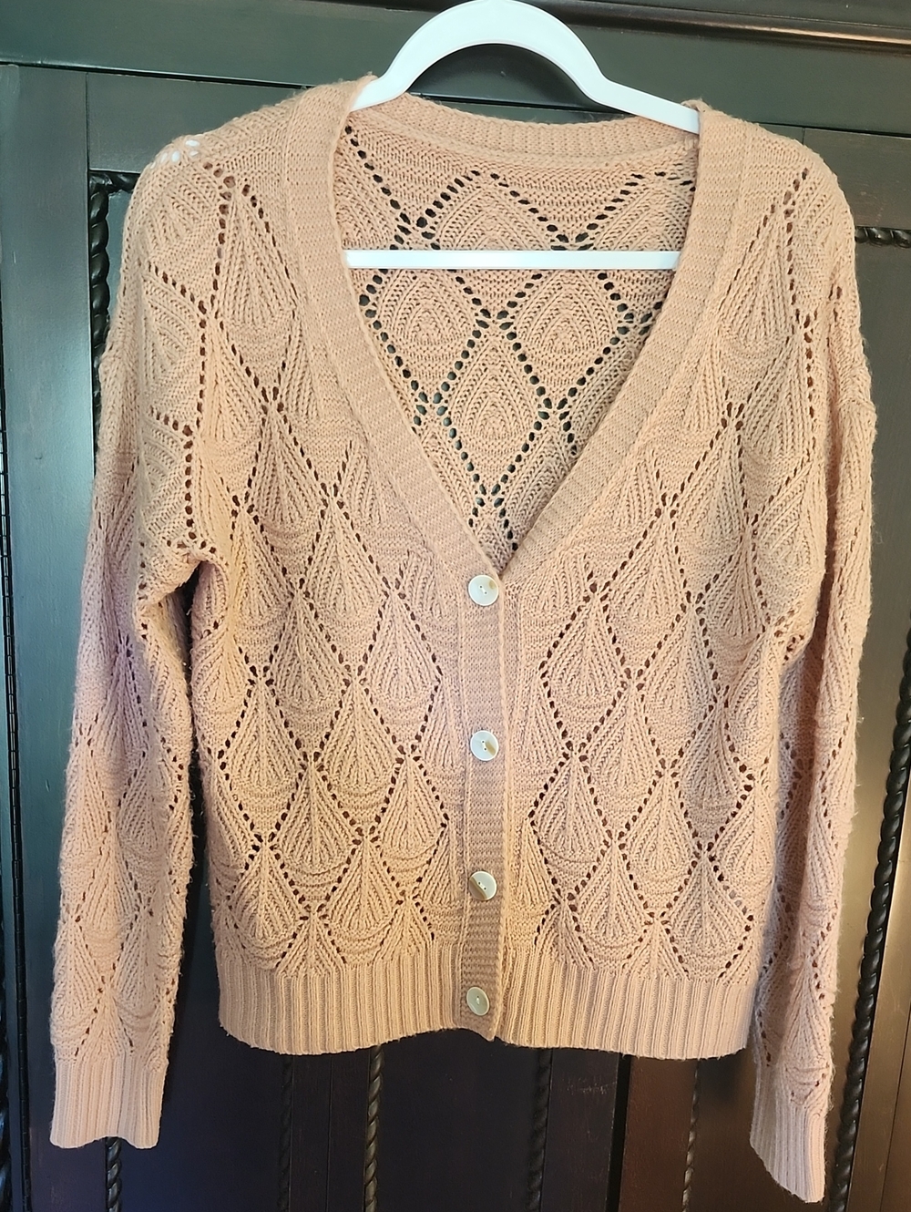 Women's Pink Open-Knit V-Neck Button Cardigan Sweater